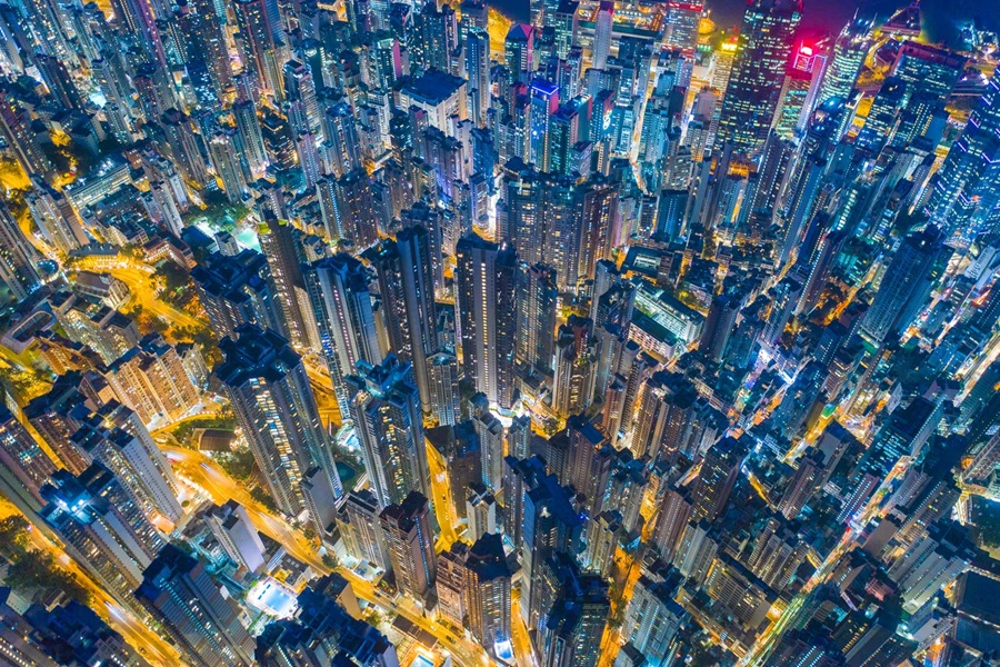 Aerial view of city at night