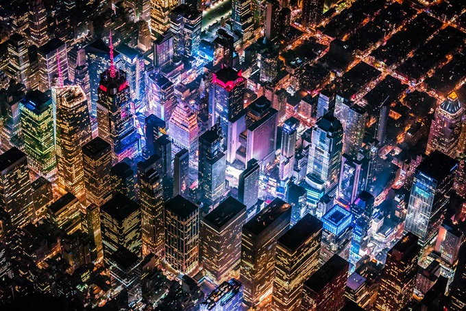 Aerial view of city at night